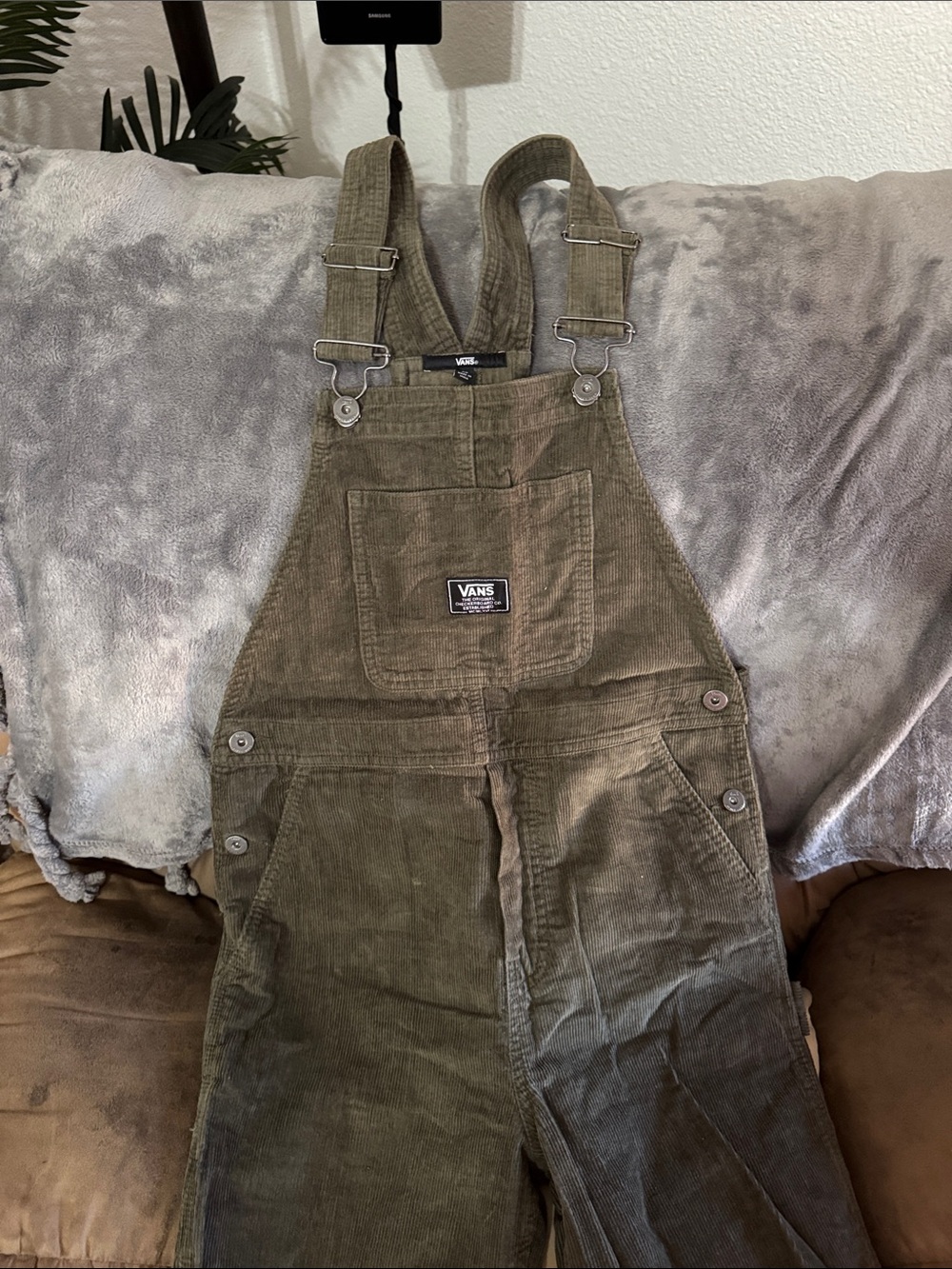 Vans Olive Corduroy Overalls with Front Pocket
